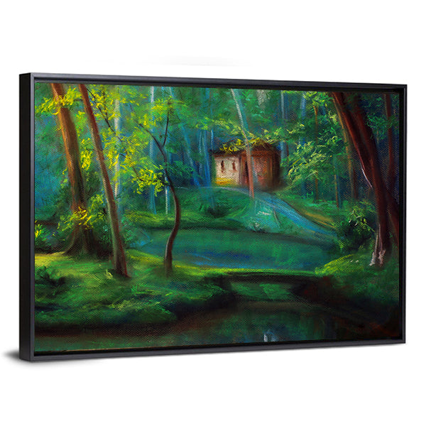 Fairy Tale Forest Cabin at Dusk Canvas Wall Art in brown, yellow and green, framed canvas, product view on a white background