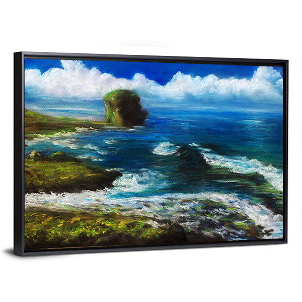 Coastal Landscape with Sea Stack Canvas Wall Art in white, green and blue, framed canvas, product view on a white background