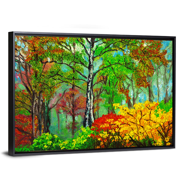Birch Forest Oil Painting Canvas Wall Art in yellow, green and multicolor, framed canvas, product view on a white background