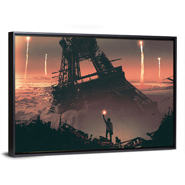 Silhouetted Man at Crumbling Eiffel Tower Canvas Wall Art in black, brown and orange, framed print, product view on a white background