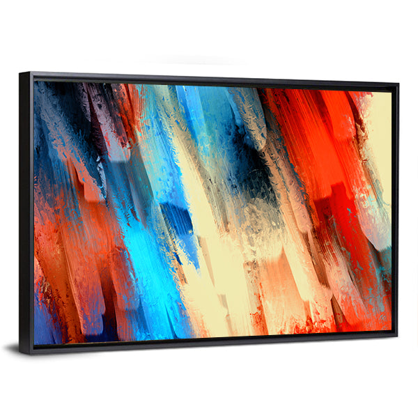 Dynamic Diagonal Brushstrokes Oil Painting Canvas Wall Art in beige, red and blue, framed canvas, product view on a white background