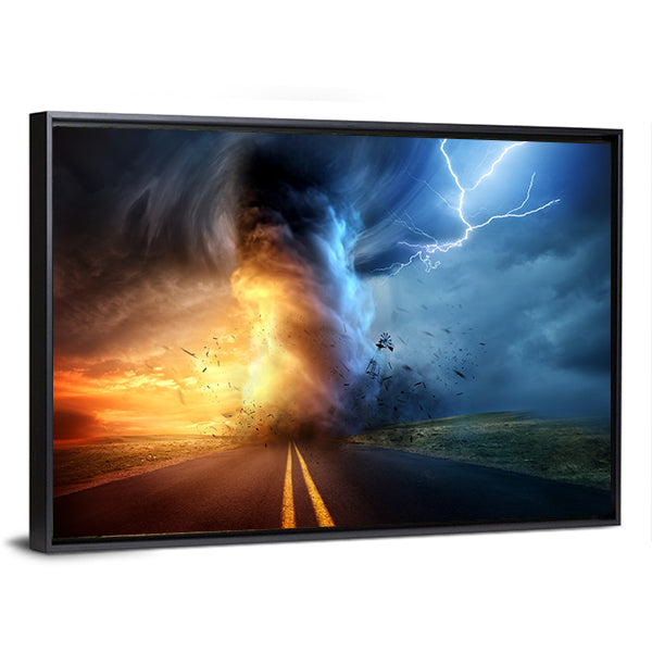 Tornado Over Sunset Road Canvas Wall Art in black, orange and blue, framed canvas, product view on a white background