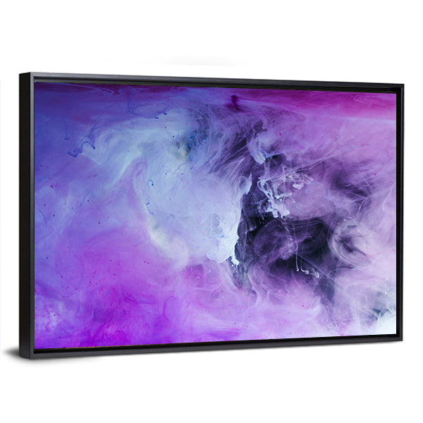 Purple Flowing Paint Canvas Wall Art in white, blue and purple, framed canvas, product view on a white background