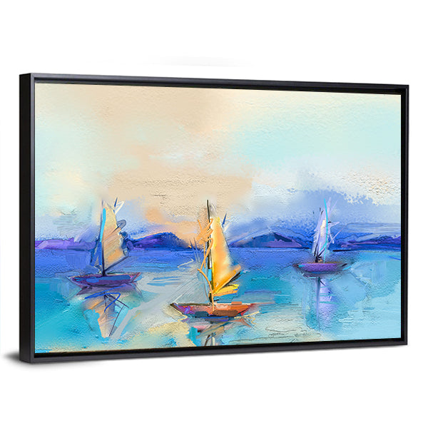 Textured Oil Seascape with Three Sailboats Canvas Wall Art