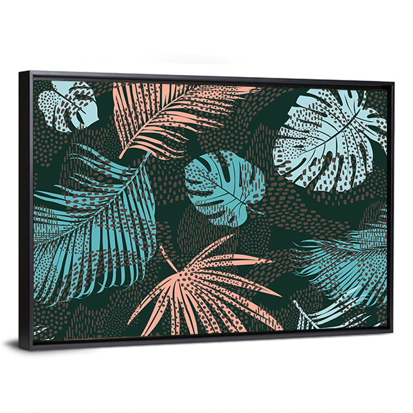 Tropical Foliage Abstract Canvas Wall Art in green, blue and pink, framed canvas, product view on a white background