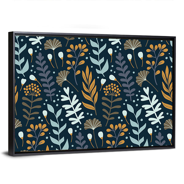 Wild Floral Elements Canvas Wall Art in yellow, blue and navy, framed canvas, product view on a white background