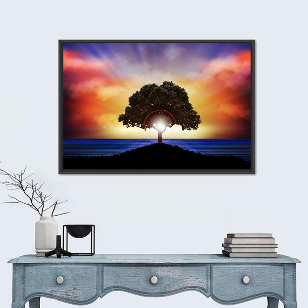 Lone Tree Silhouette at Sunset Canvas Wall Art