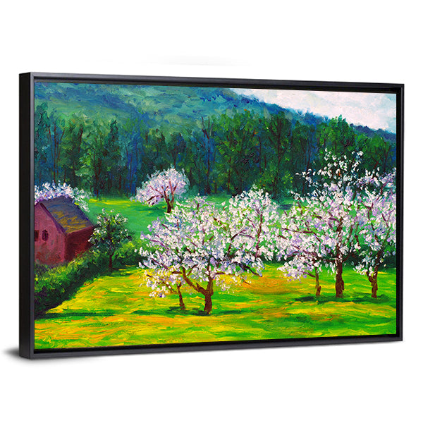 Plum Blossom Orchard with Red Barn Canvas Wall Art in yellow, green and pink, framed canvas, product view on a white background