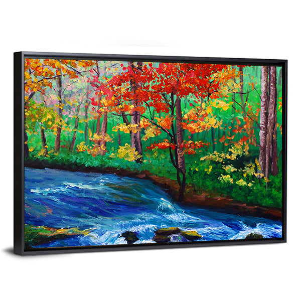 Autumn Maple by Flowing Stream Canvas Wall Art in orange, green and blue, framed canvas, product view on a white background
