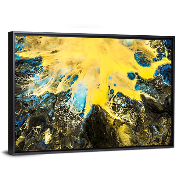 Acrylic Pour Abstract in Gold and Blue Canvas Wall Art in black, gold and blue, framed canvas, product view on a white background