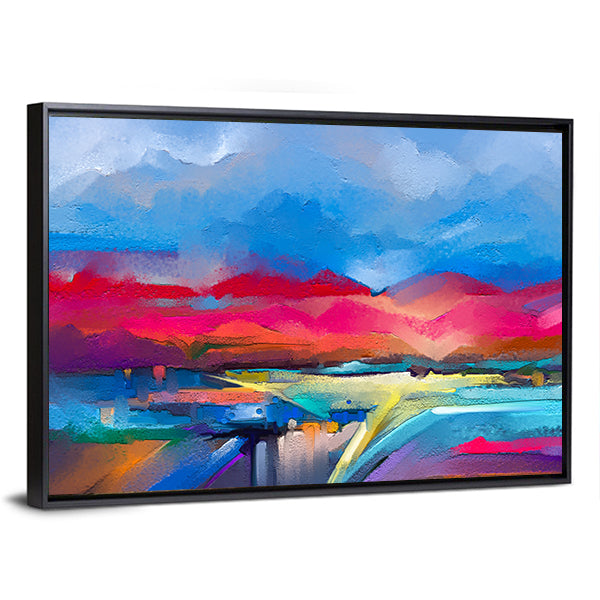 Colorful Abstract Mountain Landscape Canvas Wall Art in blue, pink and multicolor, framed canvas, product view on a white background
