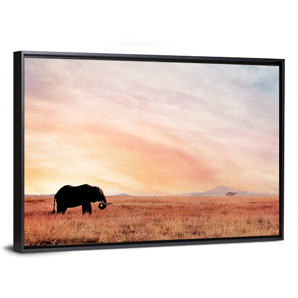 Lonely Elephant In Savannah Sunset Canvas Wall Art