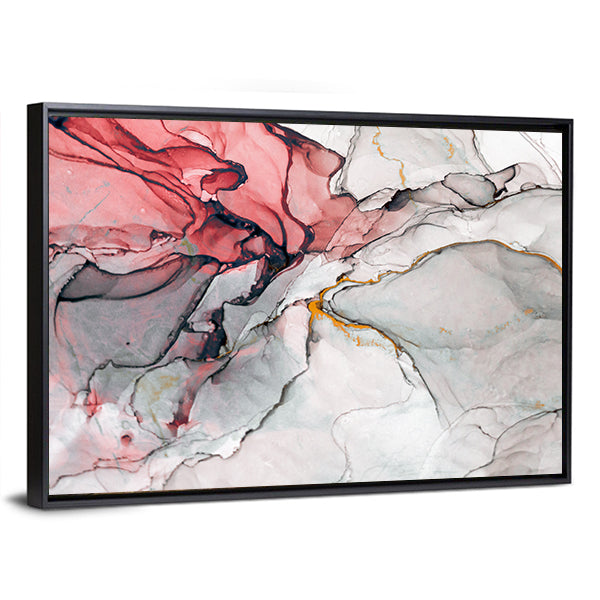 Alcohol Ink Abstract Canvas Wall Art in white, gray and pink, framed canvas, product view on a white background