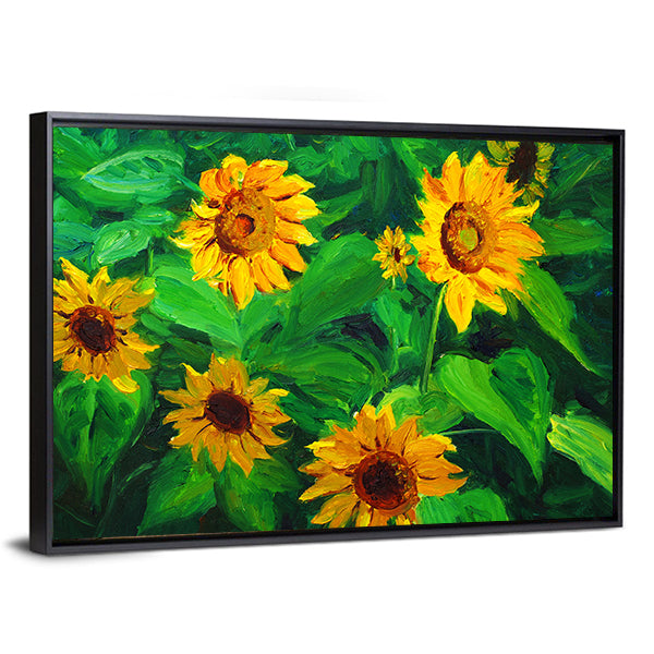 Abstract Sunflowers in Yellow and Green Canvas Wall Art in yellow and green, framed canvas, product view on a white background