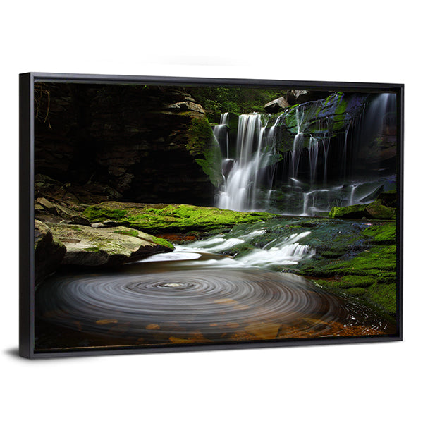 Waterfall and Swirling Pool Canvas Wall Art in black, white and green, framed canvas, product view on a white background