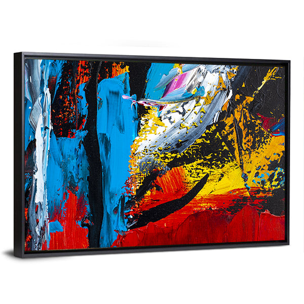 Fragment of Brushstrokes Canvas Wall Art in red, yellow and blue, framed canvas, product view on a white background