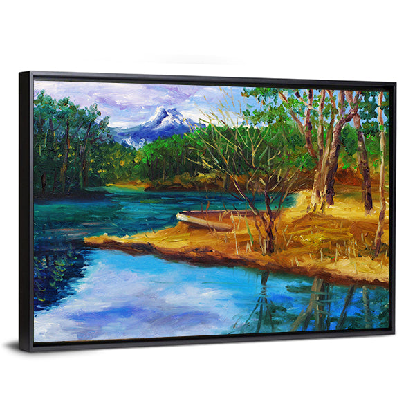 Autumn Lake with Rowboat and Mountain Reflection Canvas Wall Art in yellow, green and blue, framed canvas, product view on a white background