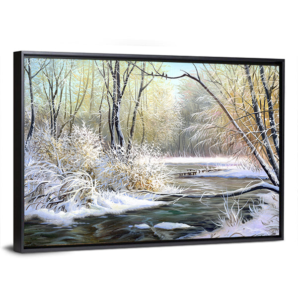 River In Winter Forest Canvas Wall Art
