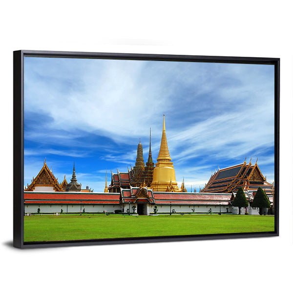 Wat Phra Kaeo Emerald Buddha Temple In Bangkok Canvas Wall Art in gold, green and blue, framed canvas, product view on a white background