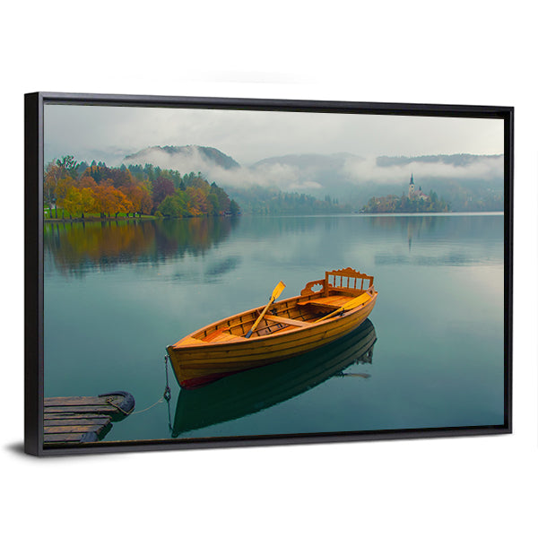 Lonely Boat on Lake Bled Canvas Wall Art in brown, green and blue, framed canvas, product view on a white background