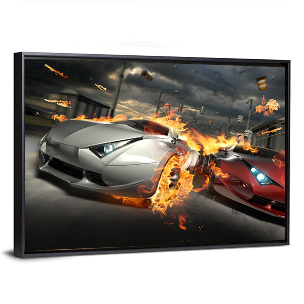 Futuristic Street Car Chase Canvas Wall Art in black, gray and orange, framed canvas, product view on a white background