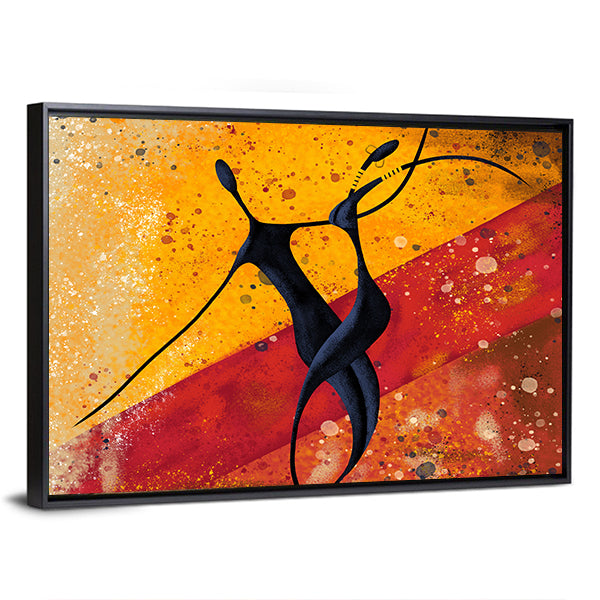 African Couple Dance Canvas Wall Art in black, red and yellow, framed canvas, product view on a white background
