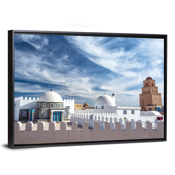 Great Mosque In Kairouan Tunisia Canvas Wall Art in white, beige and blue, framed canvas, product view on a white background
