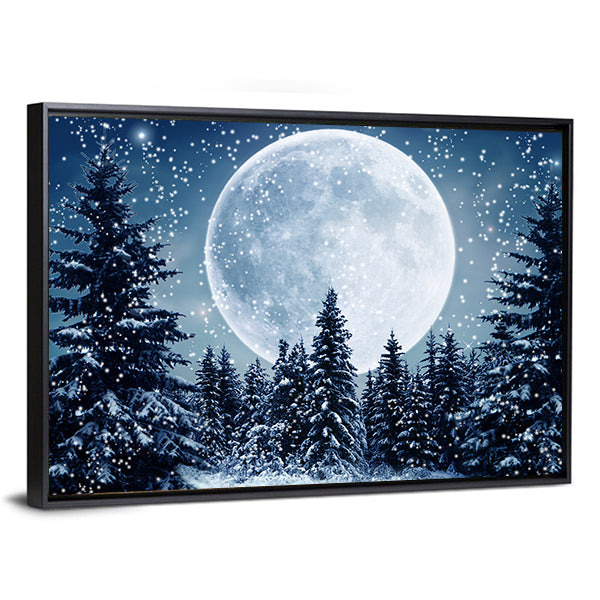 Winter Scene In Full Moon Canvas Wall Art
