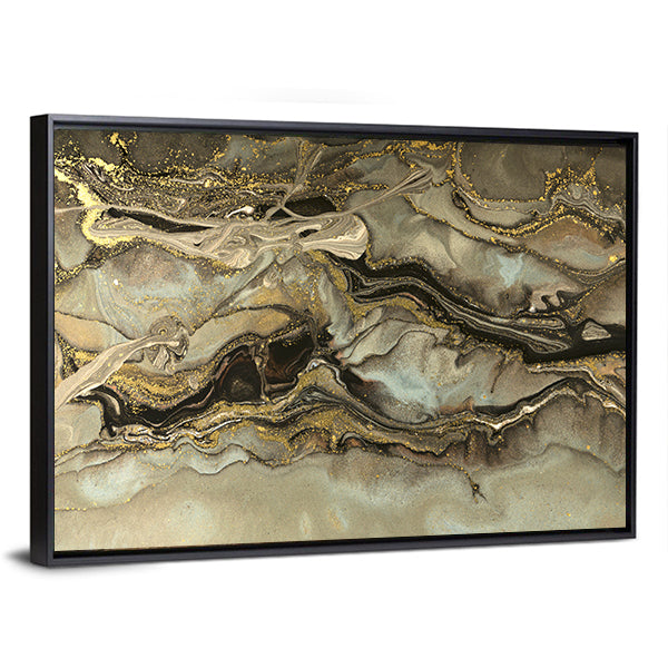 Fluid Marble Pattern Canvas Wall Art in black, beige and gold, framed canvas, product view on a white background