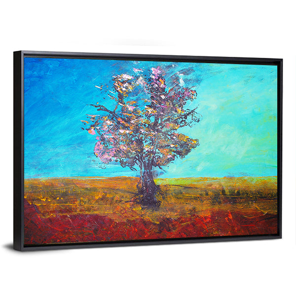 Solitary Blossom Tree in Field Canvas Wall Art in red, yellow and blue, framed canvas, product view on a white background