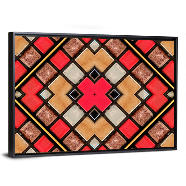 Small Cubic Tile Mosaic Canvas Wall Art in beige, brown and red, framed canvas, product view on a white background