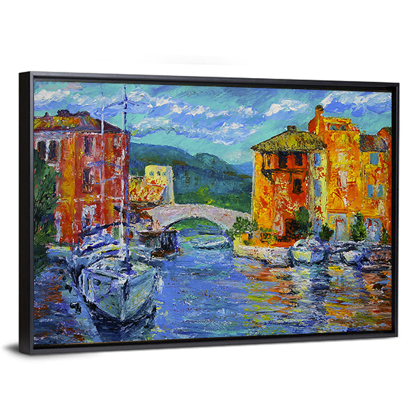 Port Grimaud Canal Scene with Sailboat Canvas Wall Art