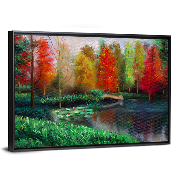 Autumn Lake with Water Lilies Canvas Wall Art in red, yellow and green, framed canvas, product view on a white background