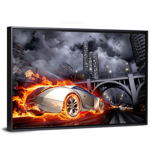 Flaming Sports Car at Night Canvas Wall Art in black, gray and orange, framed canvas, product view on a white background
