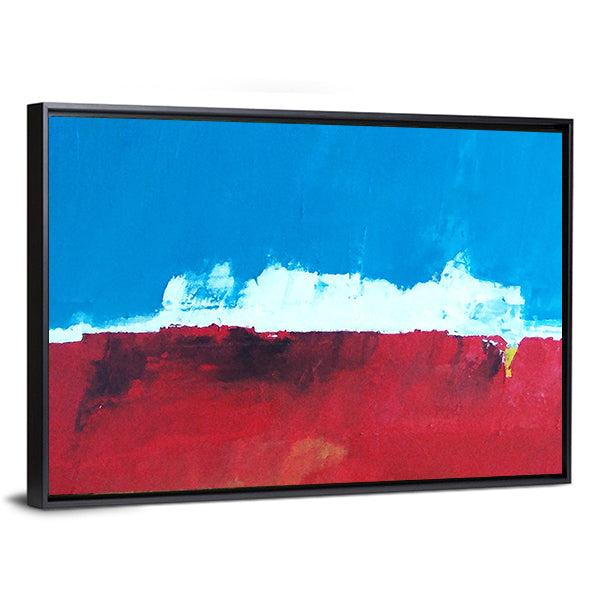 Abstract Island with Ocean and Sky Canvas Wall Art in white, red and blue, framed canvas, product view on a white background