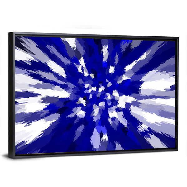 Navy Blue Starburst Abstract Canvas Wall Art in white, blue and navy, framed canvas, product view on a white background