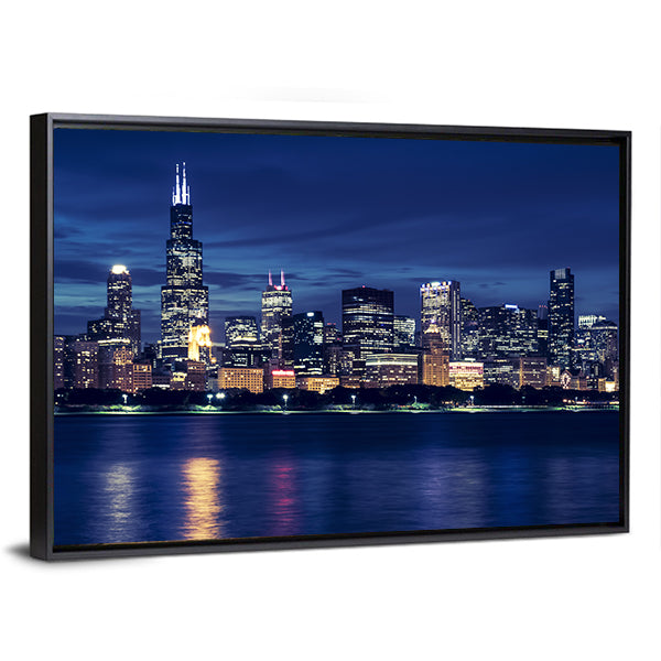 Chicago Skyline By Night Canvas Wall Art