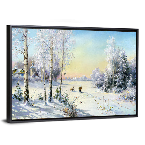 Frozen Lake In Winter Village Canvas Wall Art