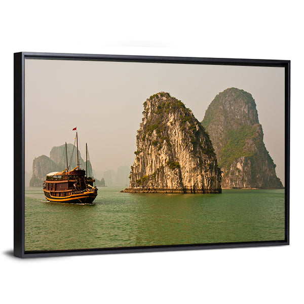 Boat in Halong Bay, Vietnam Canvas Wall Art in gray, beige and green, framed canvas, product view on a white background