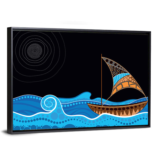 Dotted Sailboat on Starry Sea Canvas Wall Art in black, brown and blue, framed canvas, product view on a white background