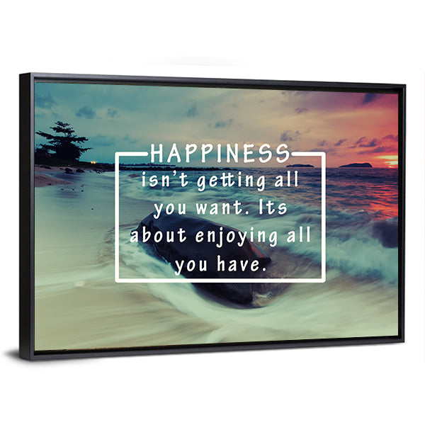 Happiness Quote Over Sunset Beach Canvas Wall Art