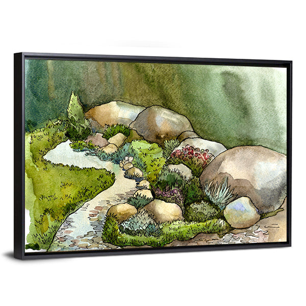 Watercolor Creek in Rock Garden Canvas Wall Art