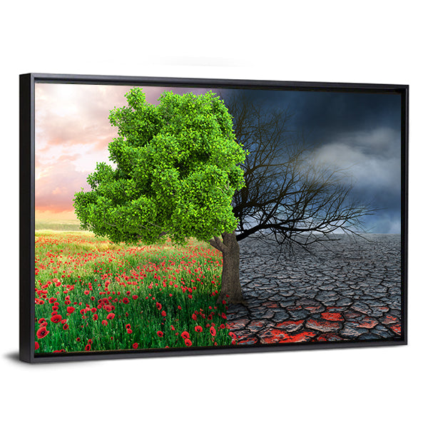 Split Tree with Poppies and Cracked Earth Canvas Wall Art