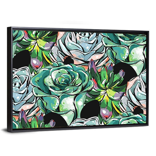 Succulent Rosettes Abstract Pattern Canvas Wall Art in black, green and blue, framed canvas, product view on a white background