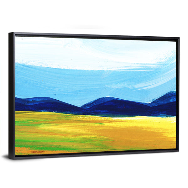 Scenic Mountains Field Artwork Canvas Wall Art in yellow, green and blue, framed canvas, product view on a white background