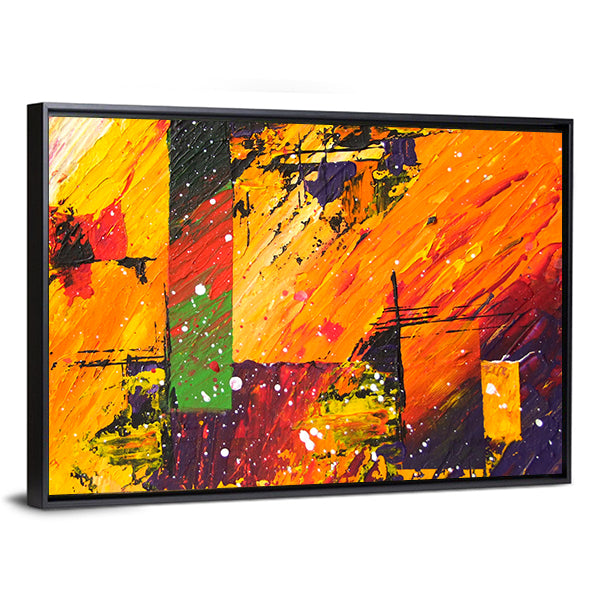 Energetic Orange Abstract with Green Block Canvas Wall Art in orange, yellow and green, framed canvas, product view on a white background