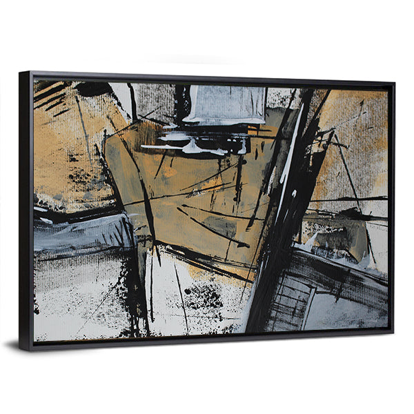 Acrylic Brushstrokes Fragment Canvas Wall Art in black, gray and beige, framed canvas, product view on a white background