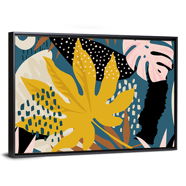 Abstract Tropical Leaves Pattern Canvas Wall Art in yellow, blue and multicolor, framed canvas, product view on a white background