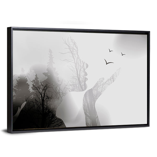 Woman Silhouette with Forest and Birds Canvas Wall Art