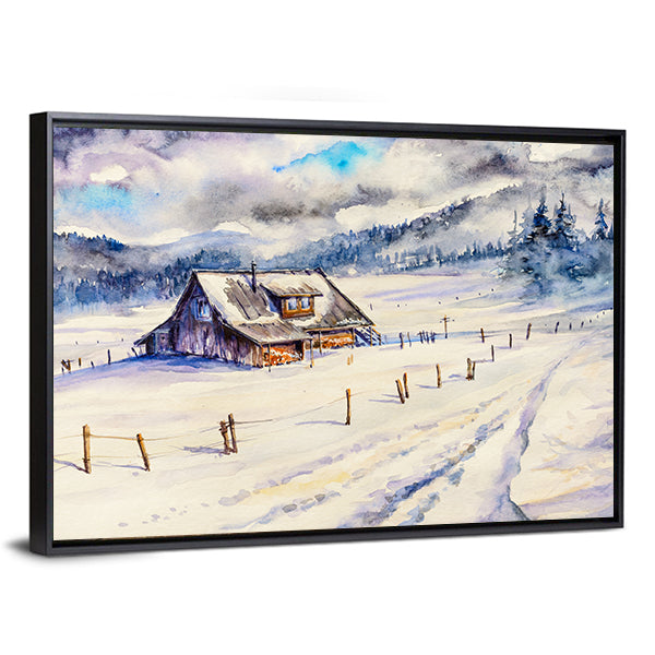 Snowy Cottage in Winter Mountains Canvas Wall Art